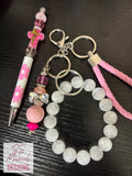 Christian Beaded Pen and Bracelet Keychain Set with Gemstone Cross Accessory