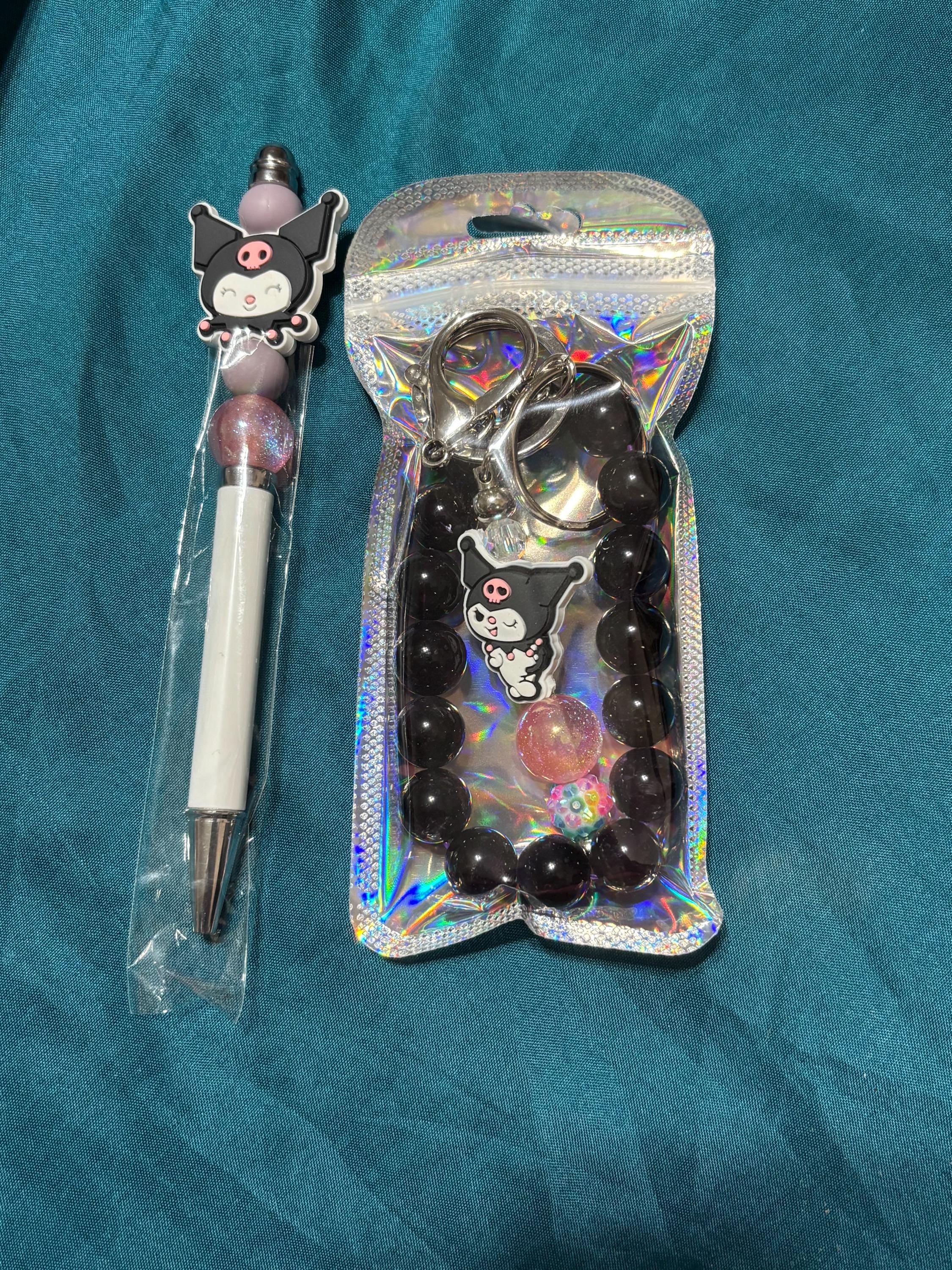 Cute Kuromi inspired Character Pen and Amethyst Bracelet Keychain Set