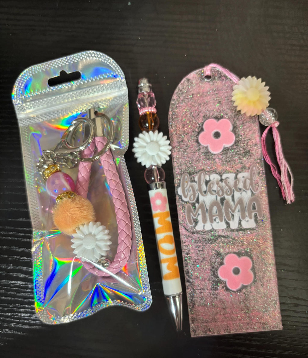 Pink Glitter Bookmark, Pen, Keychain Set, 'Floral Design'
