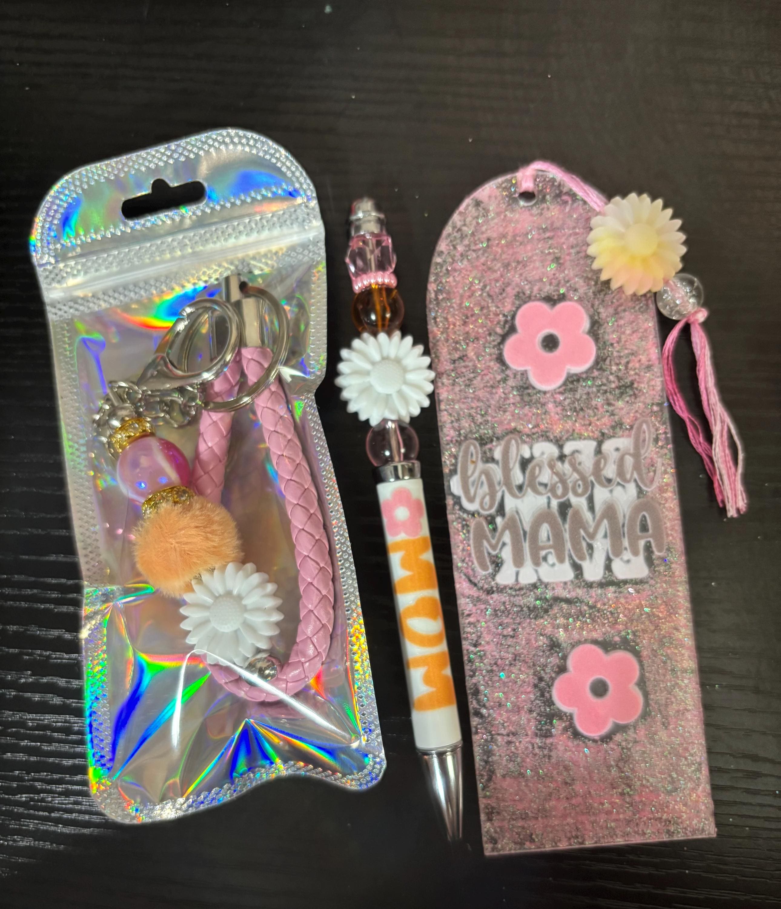 Pink Glitter Bookmark, Pen, Keychain Set, 'Floral Design'