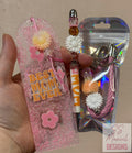 Pink Glitter Bookmark, Pen, Keychain Set, 'Floral Design'