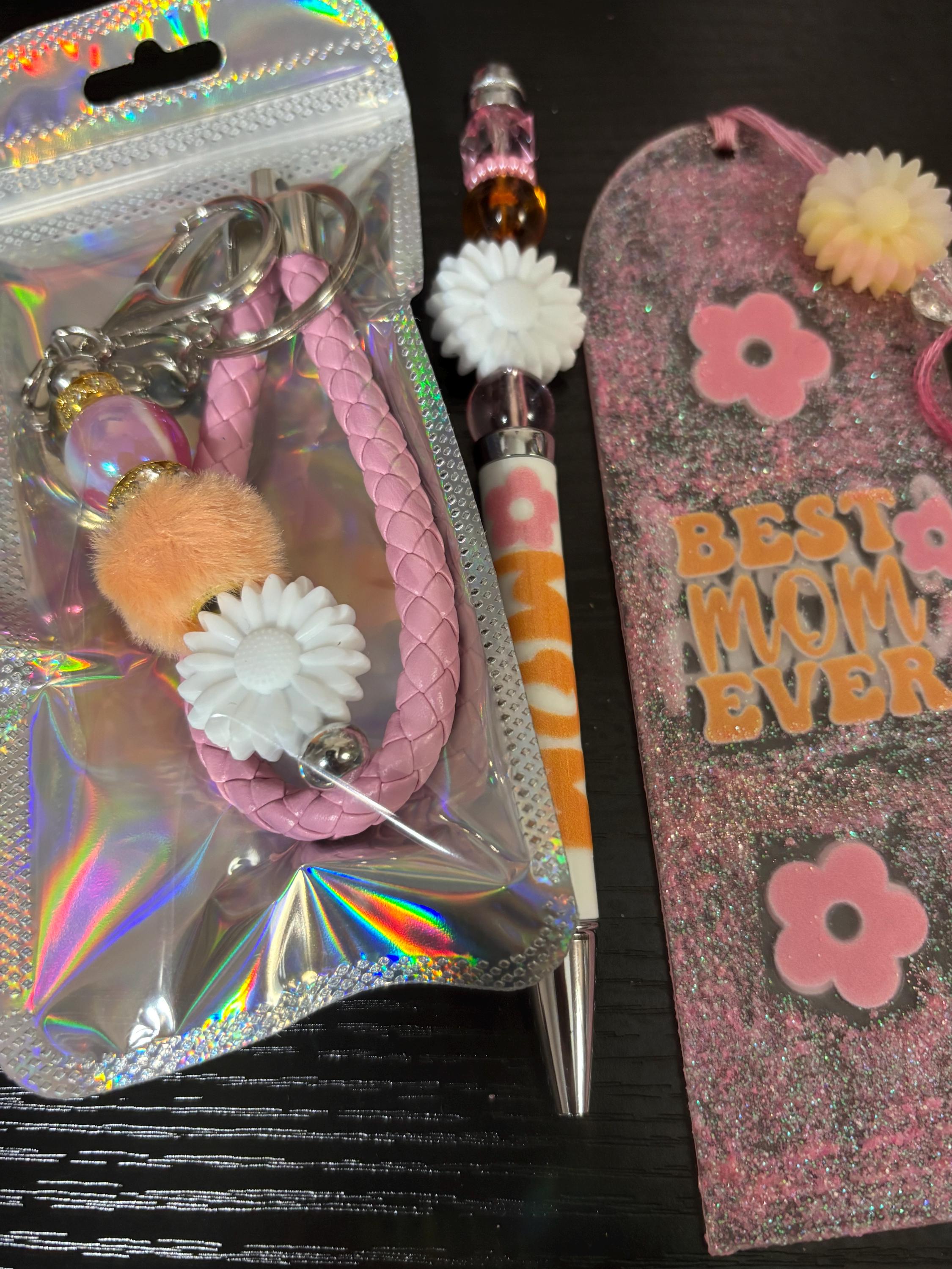 Pink Glitter Bookmark, Pen, Keychain Set, 'Floral Design'