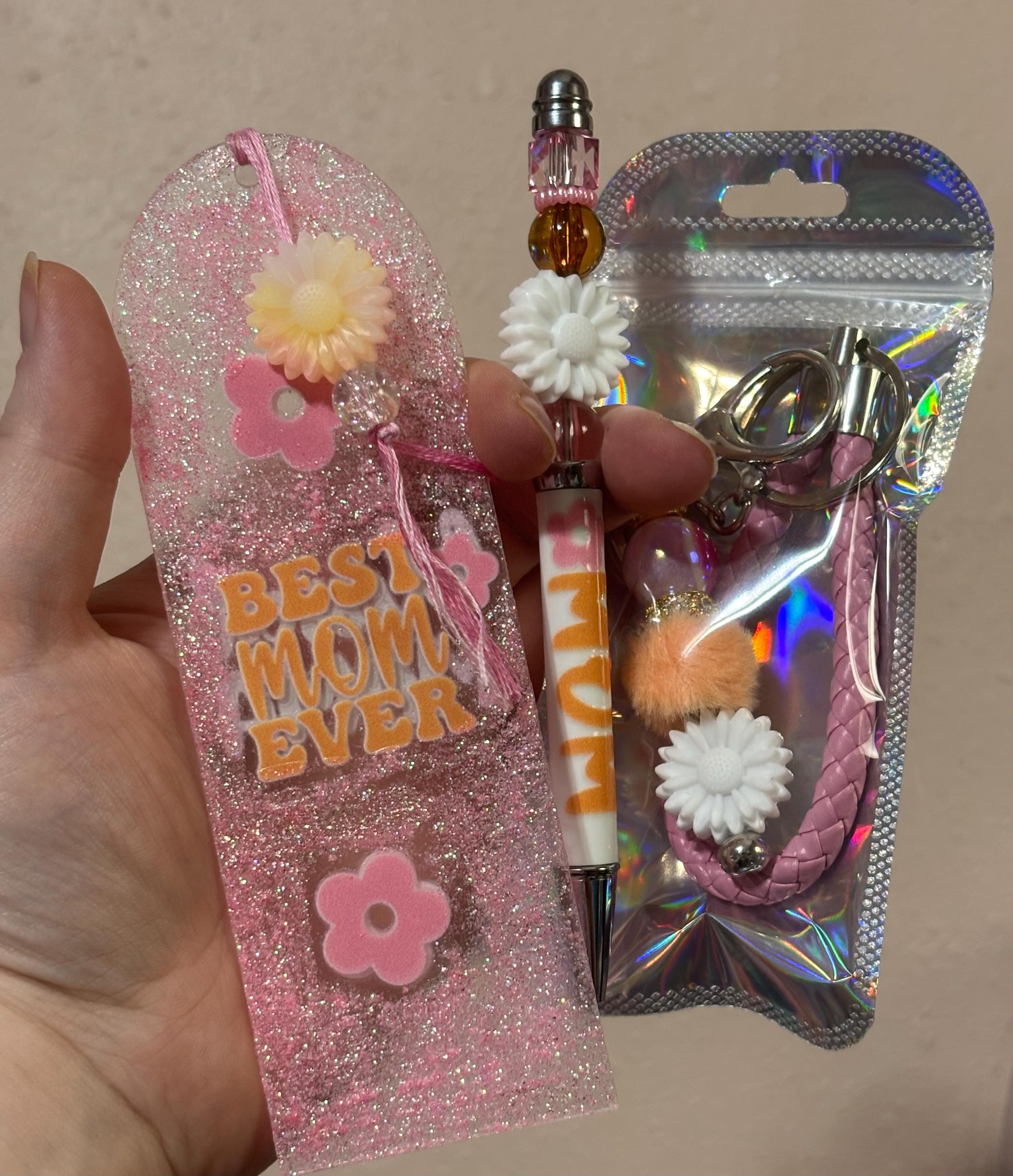 Pink Glitter Bookmark, Pen, Keychain Set, 'Floral Design'