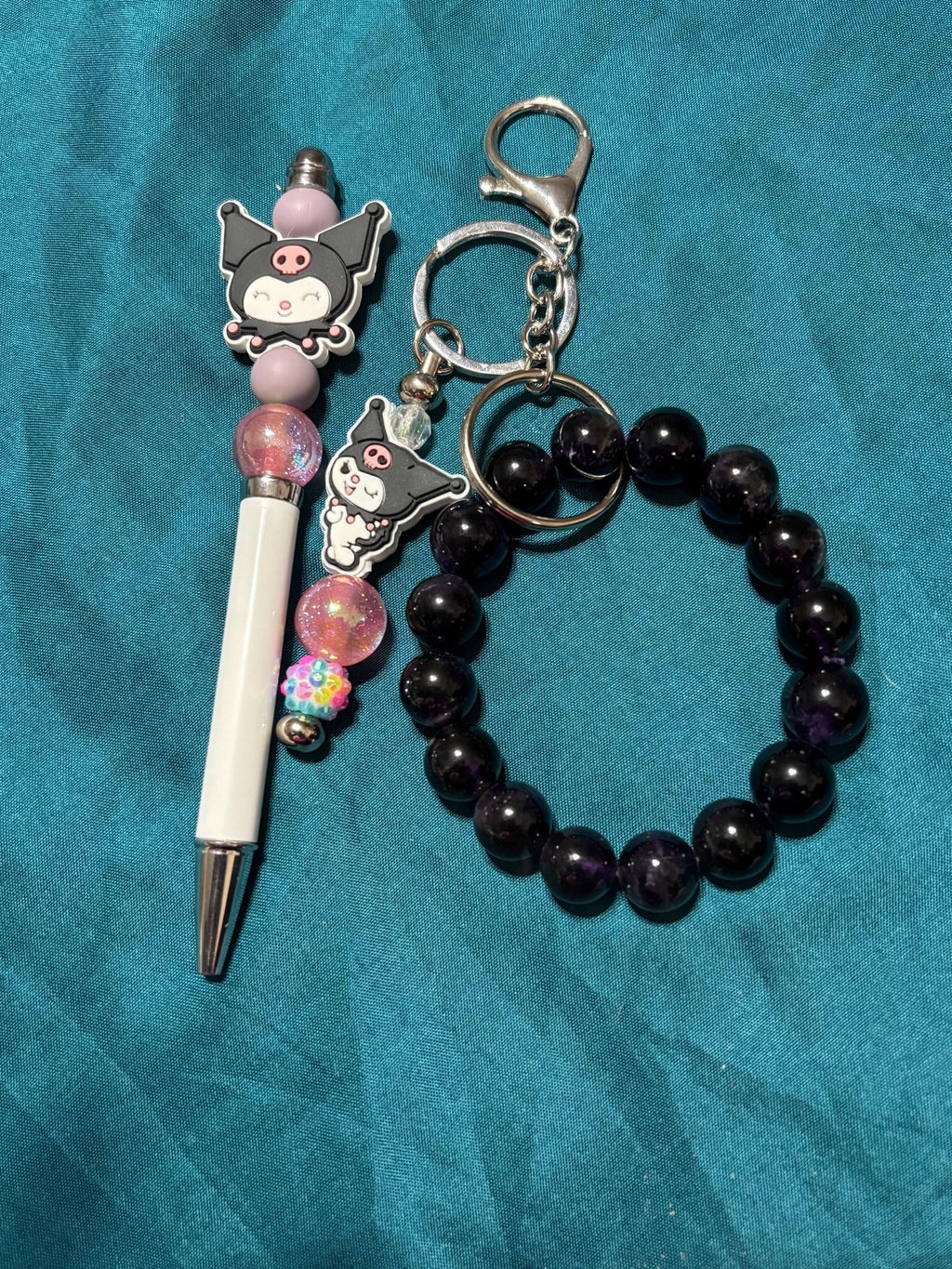 Cute Kuromi inspired Character Pen and Amethyst Bracelet Keychain Set