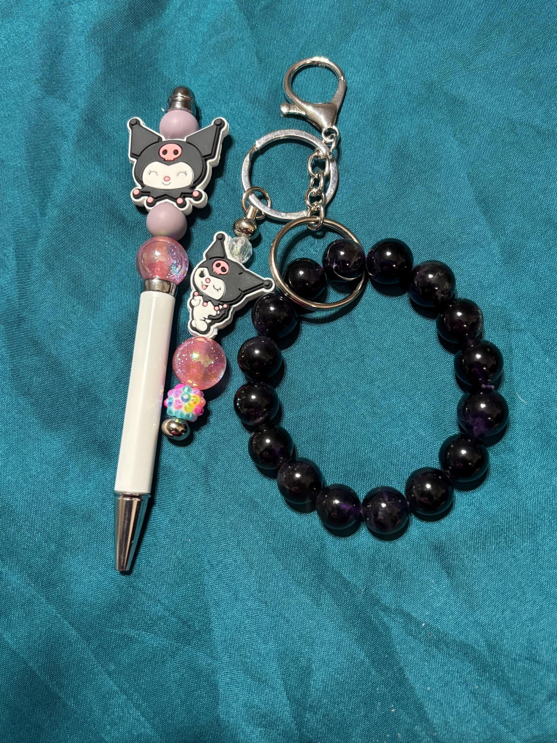 Cute Kuromi inspired Character Pen and Amethyst Bracelet Keychain Set