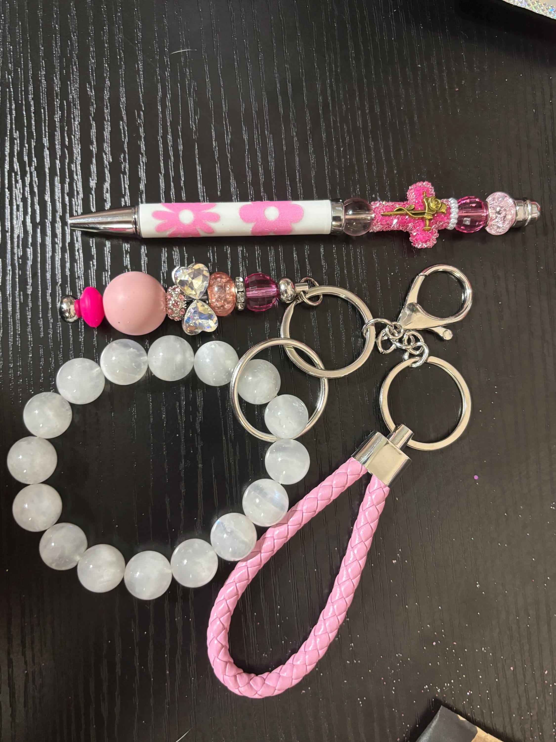 Christian Beaded Pen and Bracelet Keychain Set with Gemstone Cross Accessory