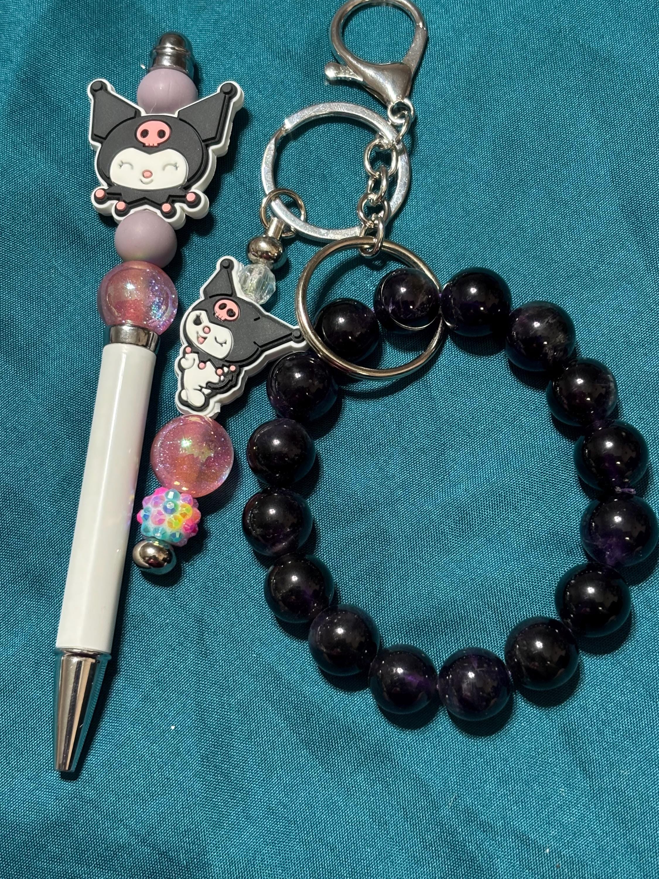 Cute Kuromi inspired Character Pen and Amethyst Bracelet Keychain Set