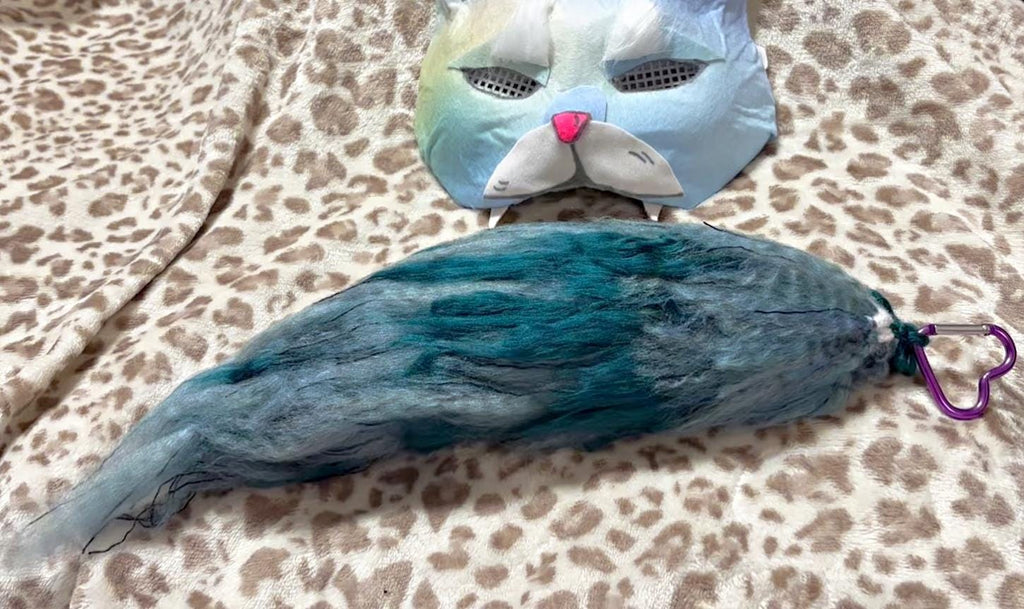 Therian Gear Blue Green Mask and Yarn Tail Set Cat Therian Handmade High Quality Mask and Tail