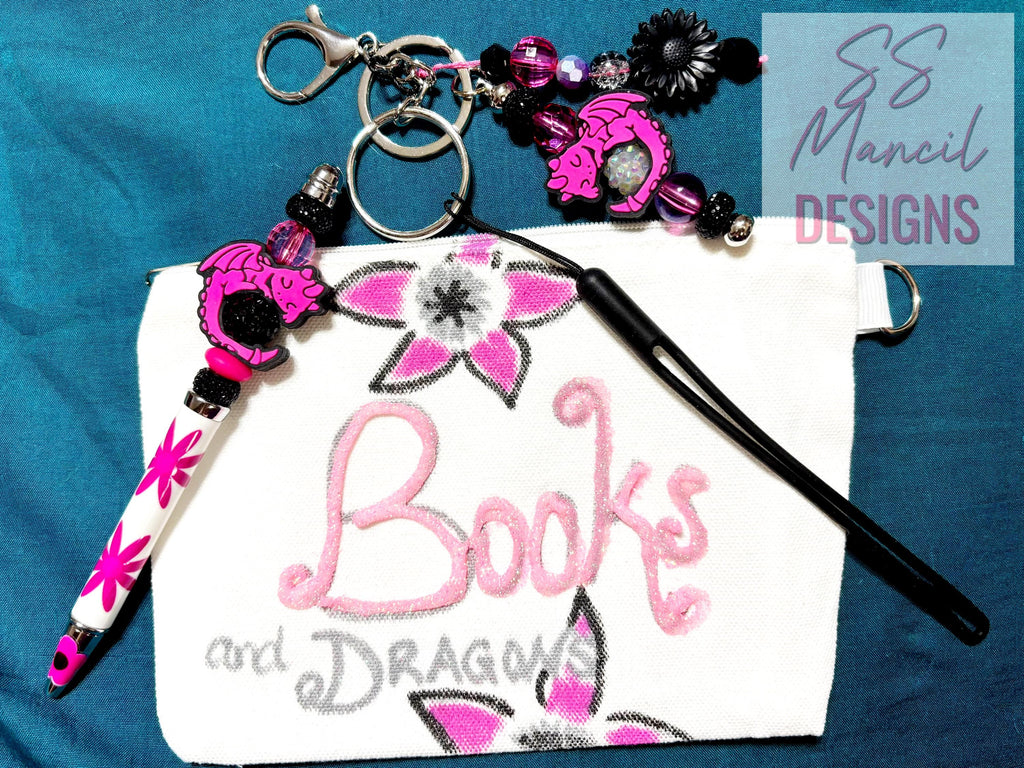 Books And Dragons Pouch with Beaded Pen and Dragon Keychain