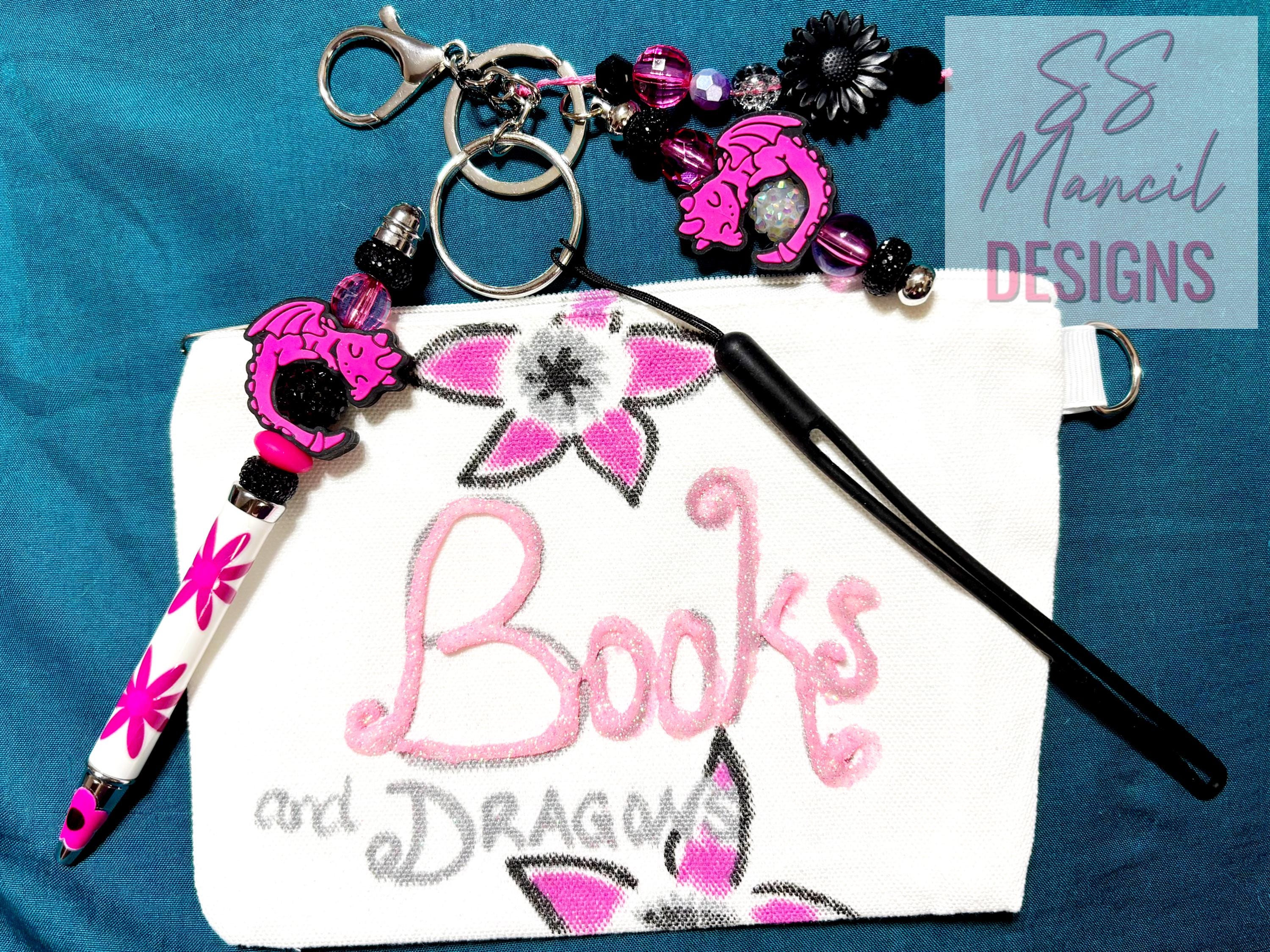 Books And Dragons Pouch with Beaded Pen and Dragon Keychain