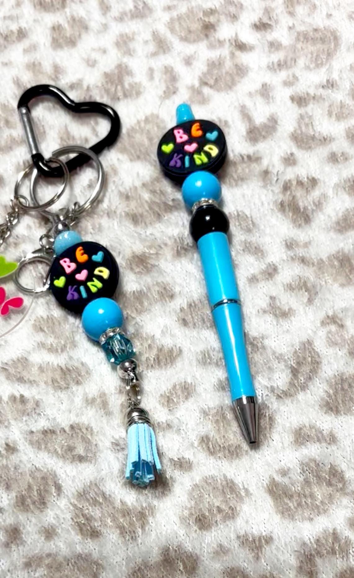 Be Happy Beaded Keychain, Pen, Bookmark Set, Blue Butterfly Charm, Positive Vibes