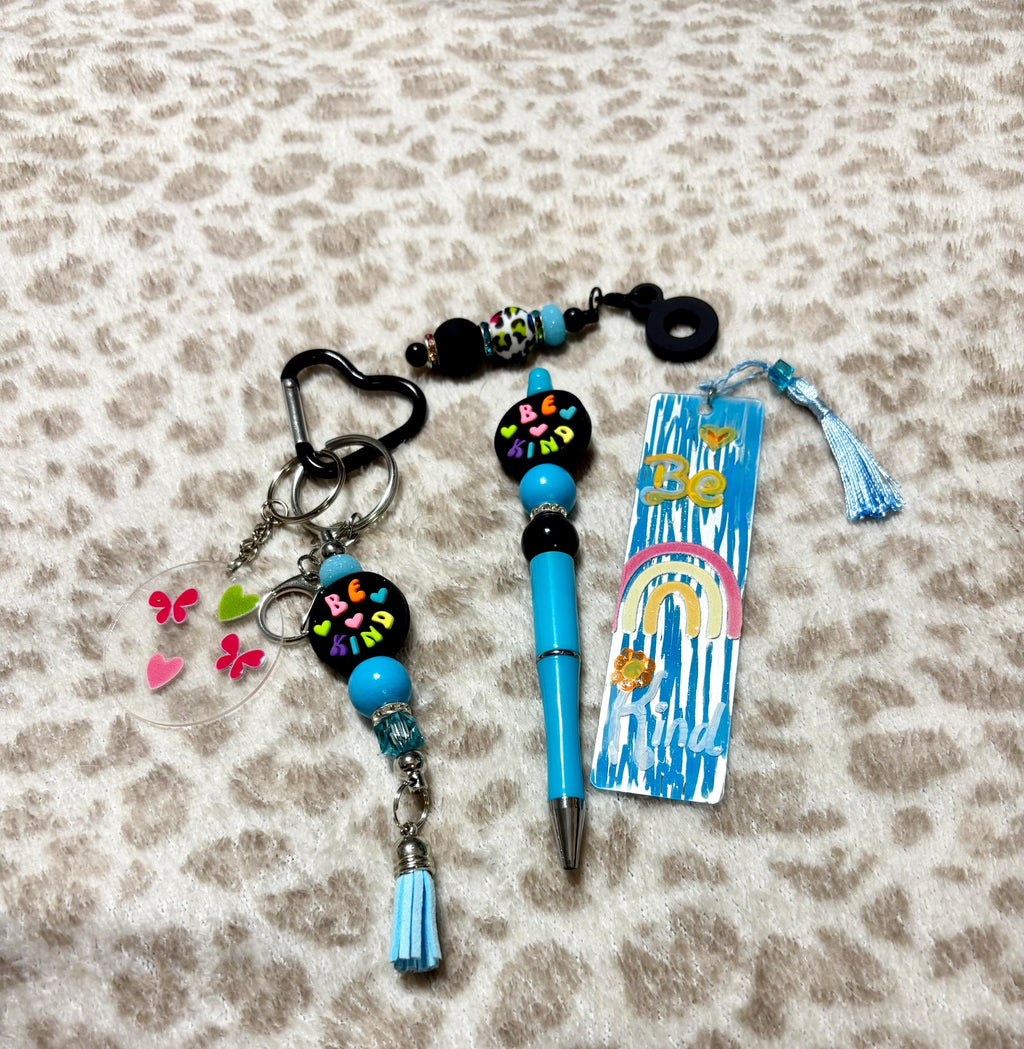 Be Happy Beaded Keychain, Pen, Bookmark Set, Blue Butterfly Charm, Positive Vibes