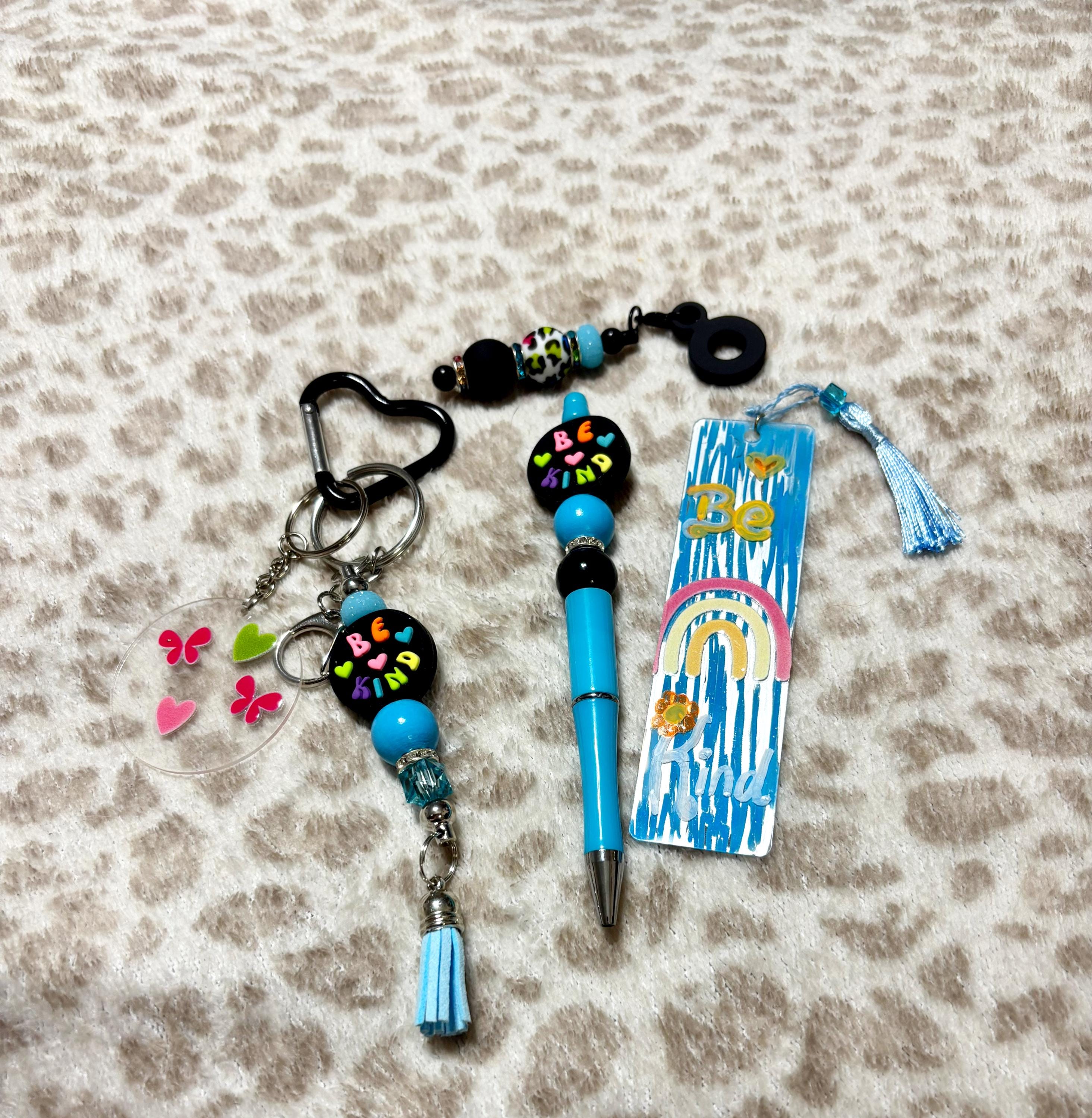 Be Happy Beaded Keychain, Pen, Bookmark Set, Blue Butterfly Charm, Positive Vibes