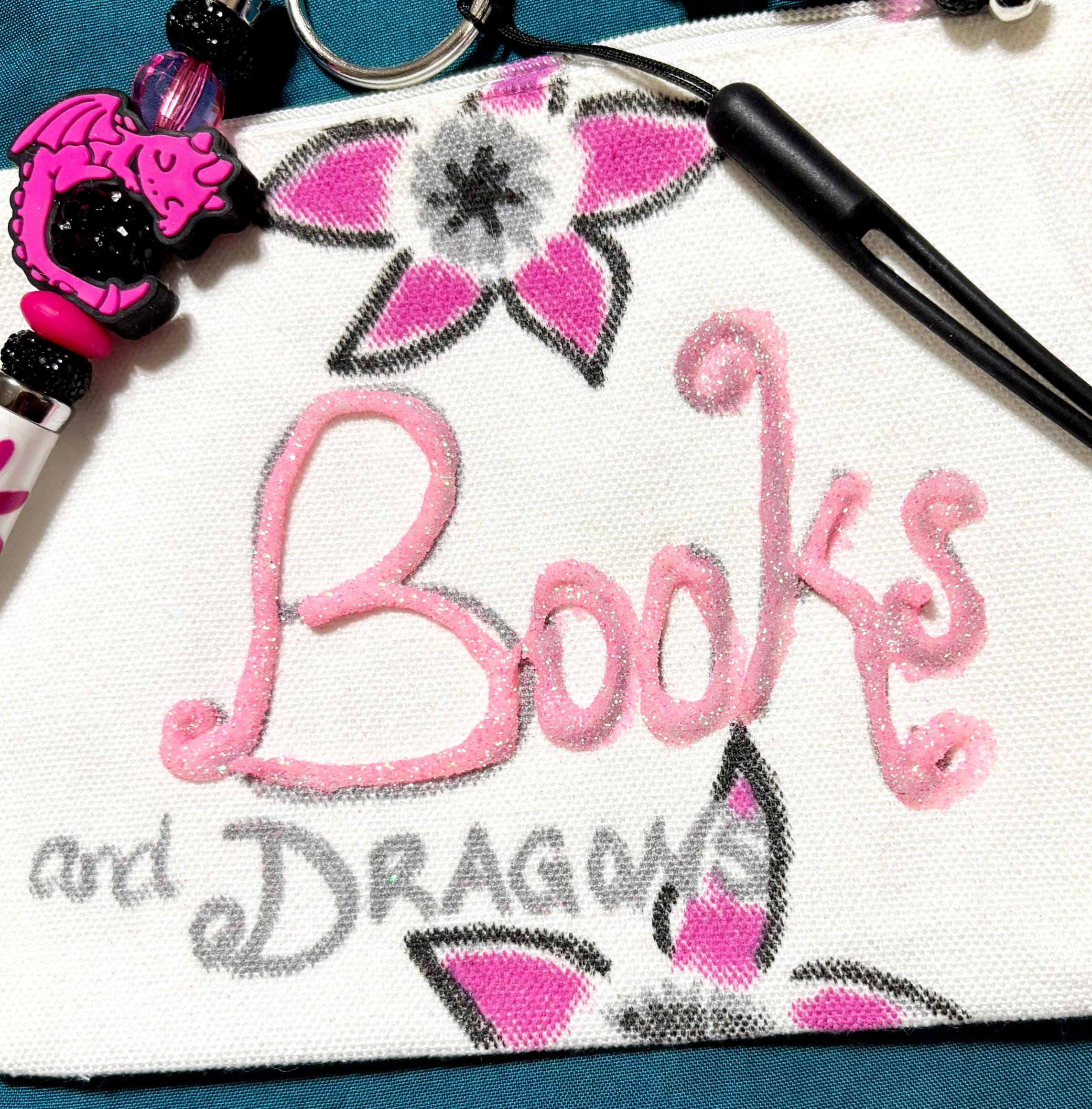 Books And Dragons Pouch with Beaded Pen and Dragon Keychain