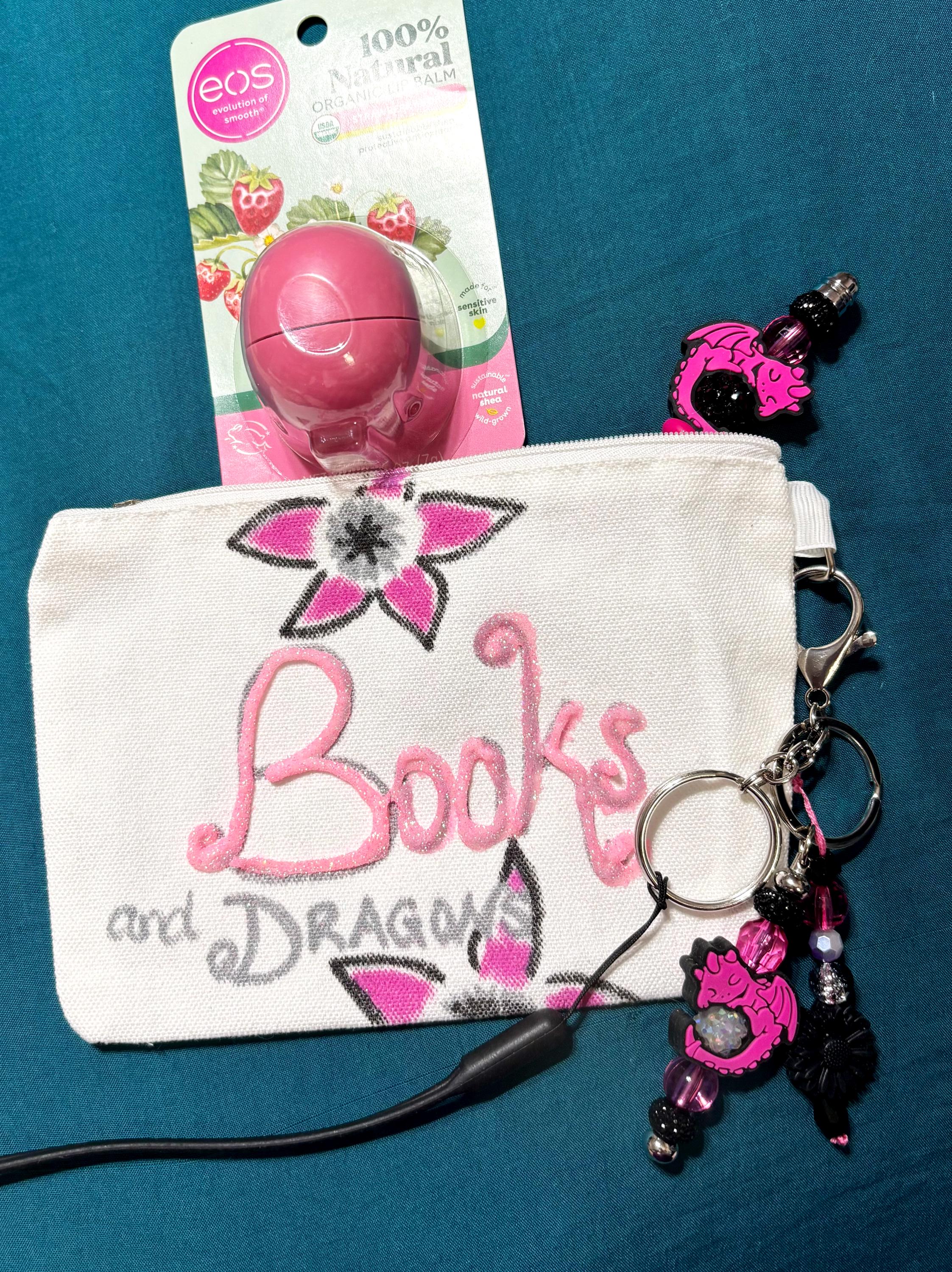 Books And Dragons Pouch with Beaded Pen and Dragon Keychain