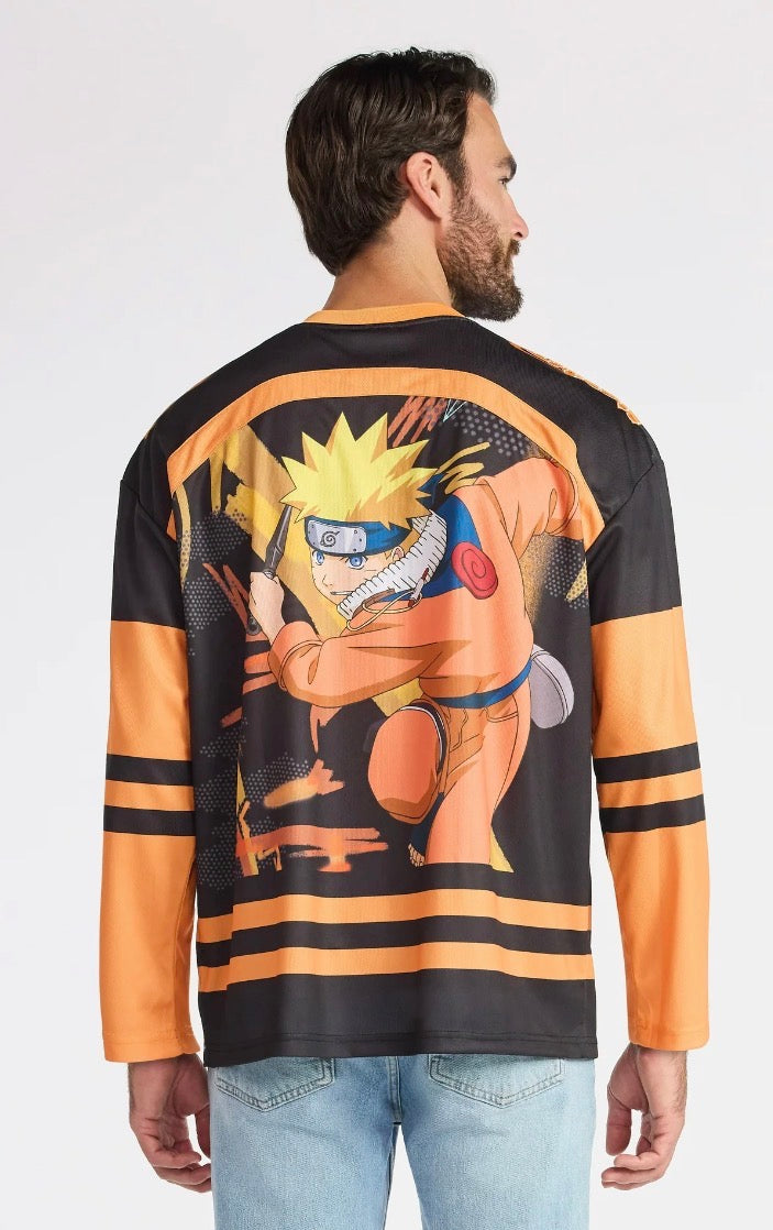 Naruto Graphic Long Sleeve Tee Orange & Black Jersey Style Size XL