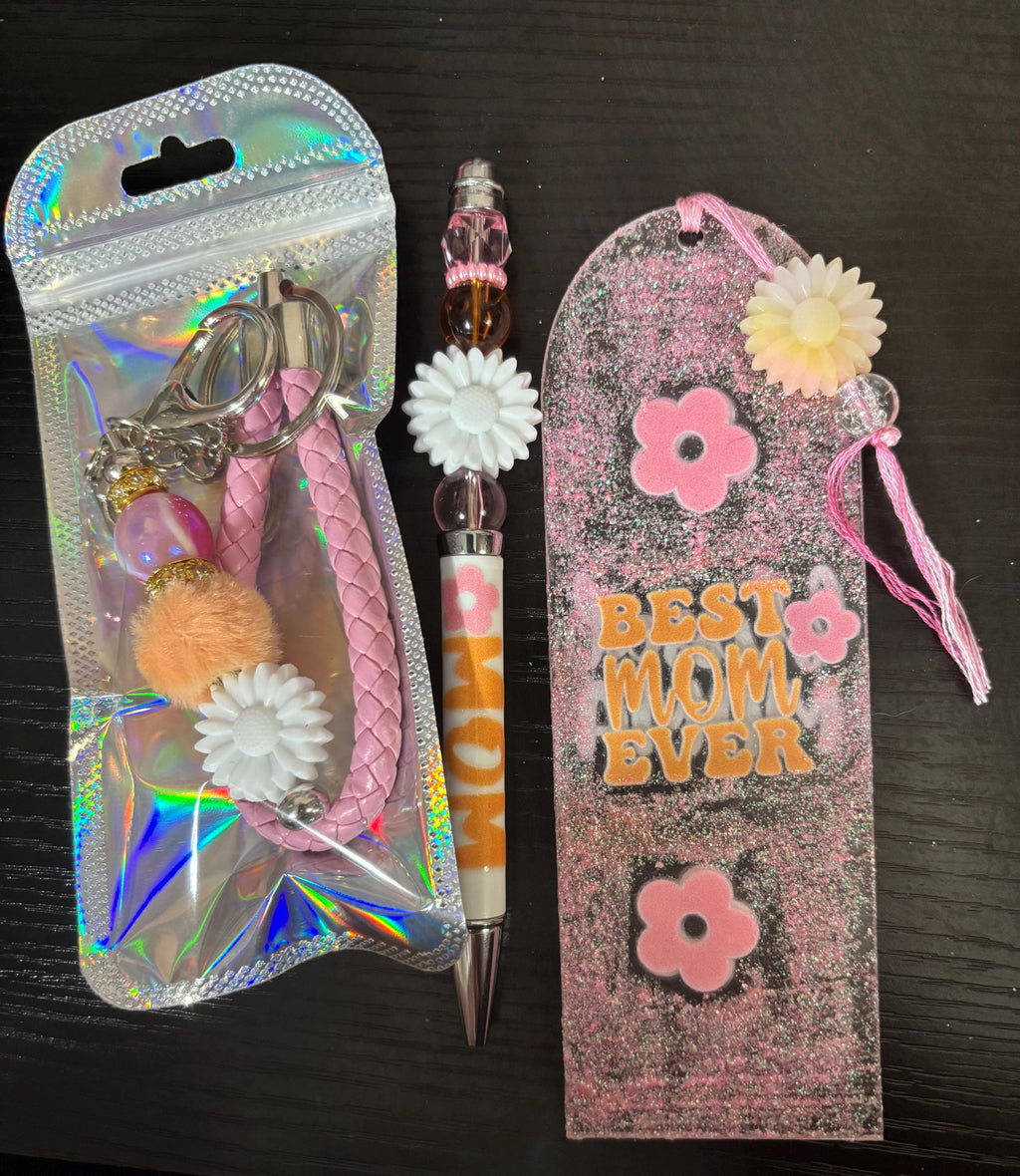 Pink Glitter Bookmark, Pen, Keychain Set, 'Floral Design'