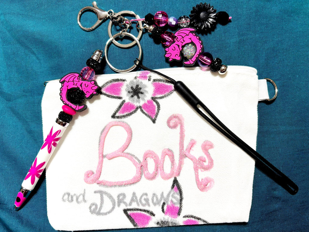 Books And Dragons Pouch with Beaded Pen and Dragon Keychain