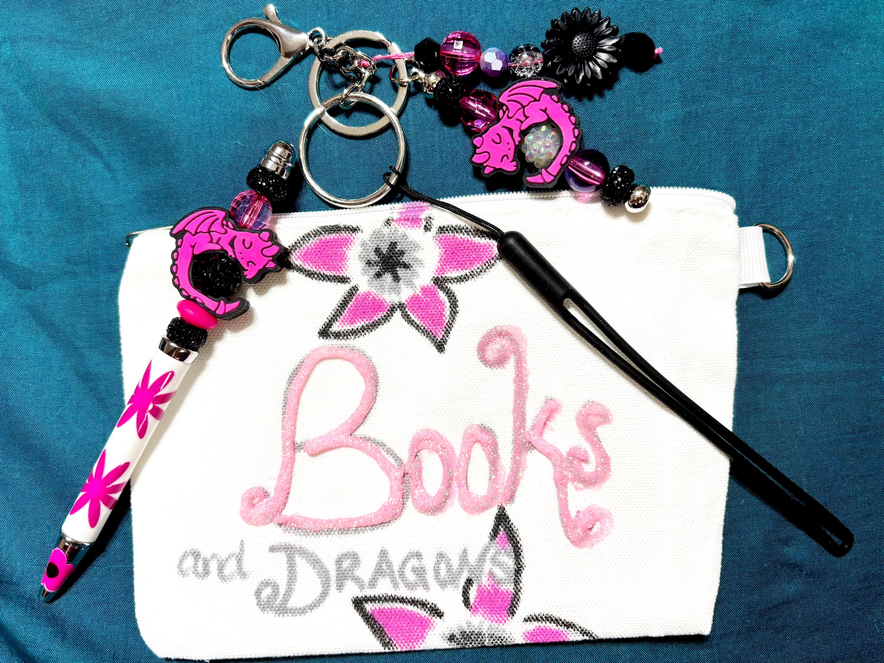 Books And Dragons Pouch with Beaded Pen and Dragon Keychain