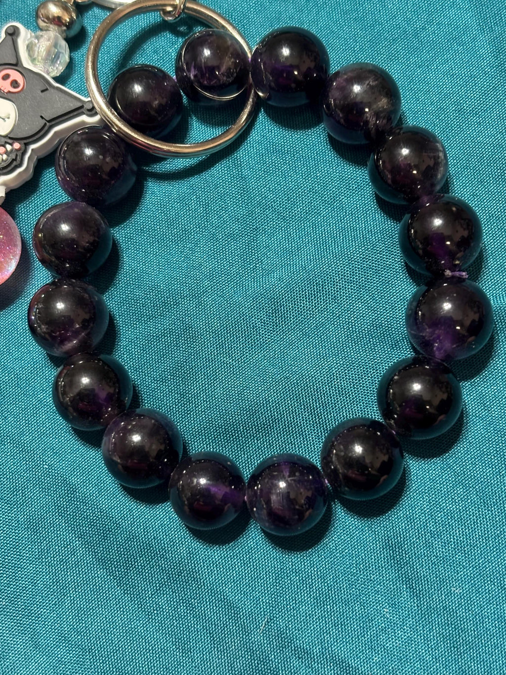 Cute Kuromi inspired Character Pen and Amethyst Bracelet Keychain Set