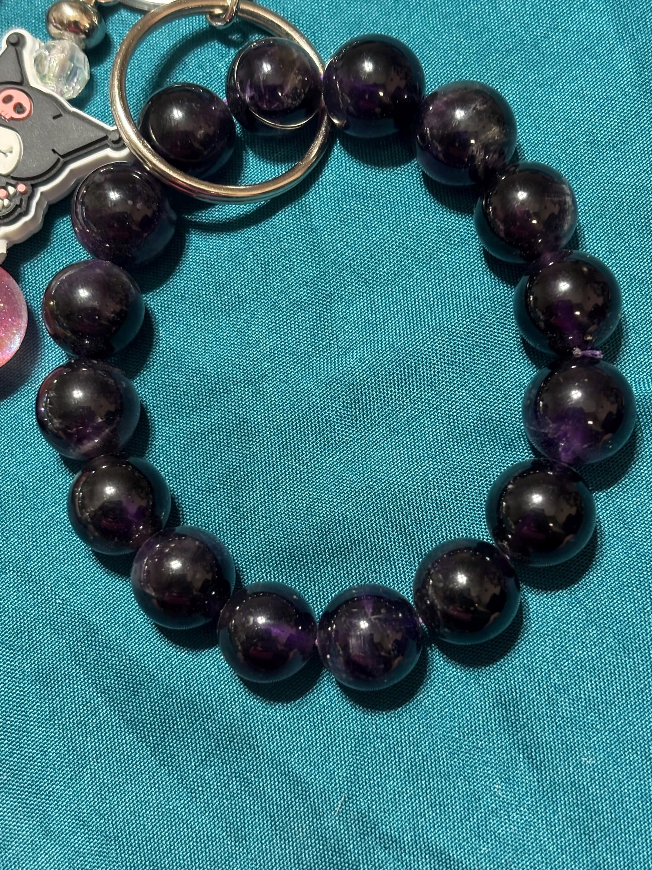 Cute Kuromi inspired Character Pen and Amethyst Bracelet Keychain Set