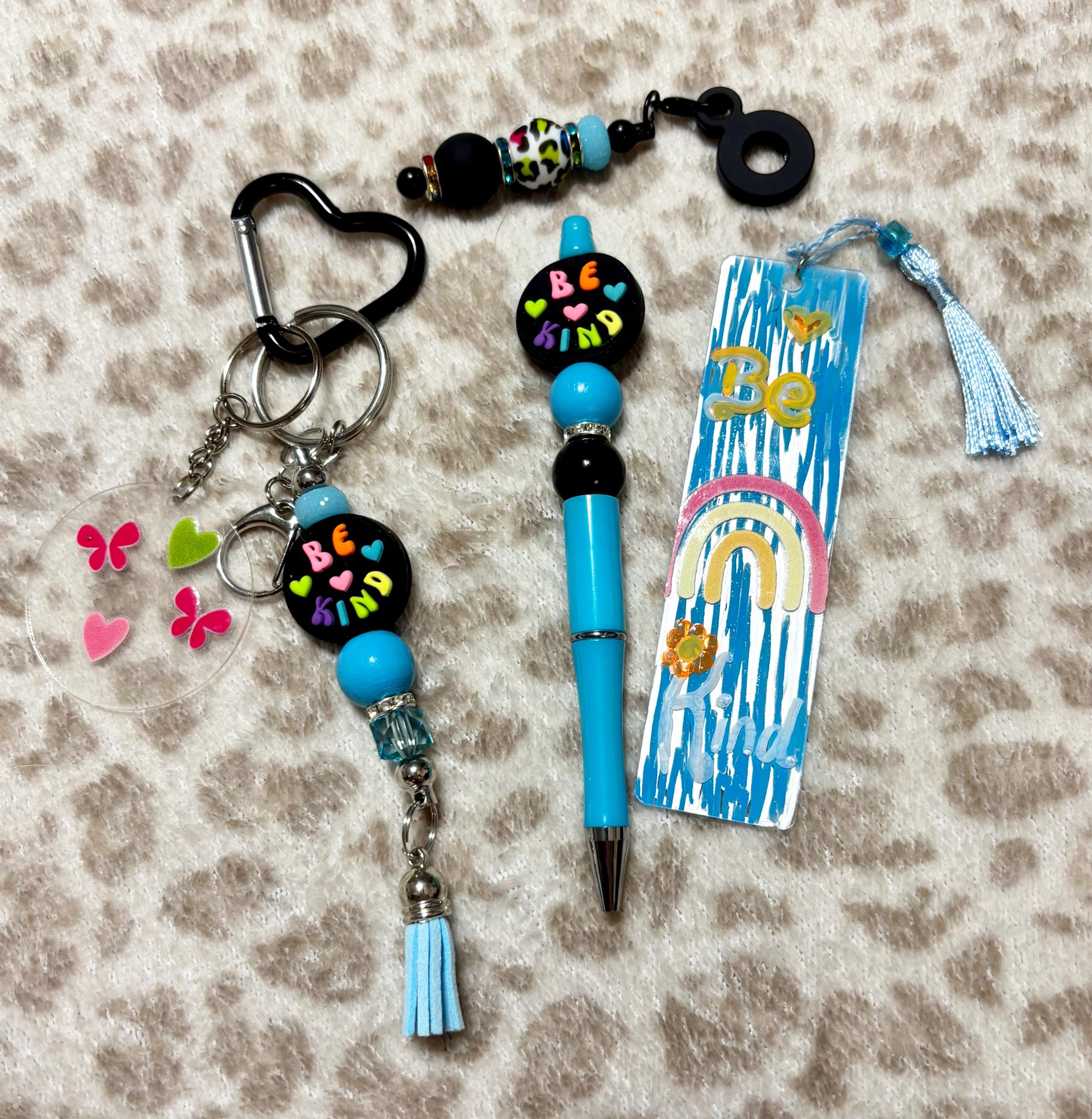 Be Happy Beaded Keychain, Pen, Bookmark Set, Blue Butterfly Charm, Positive Vibes