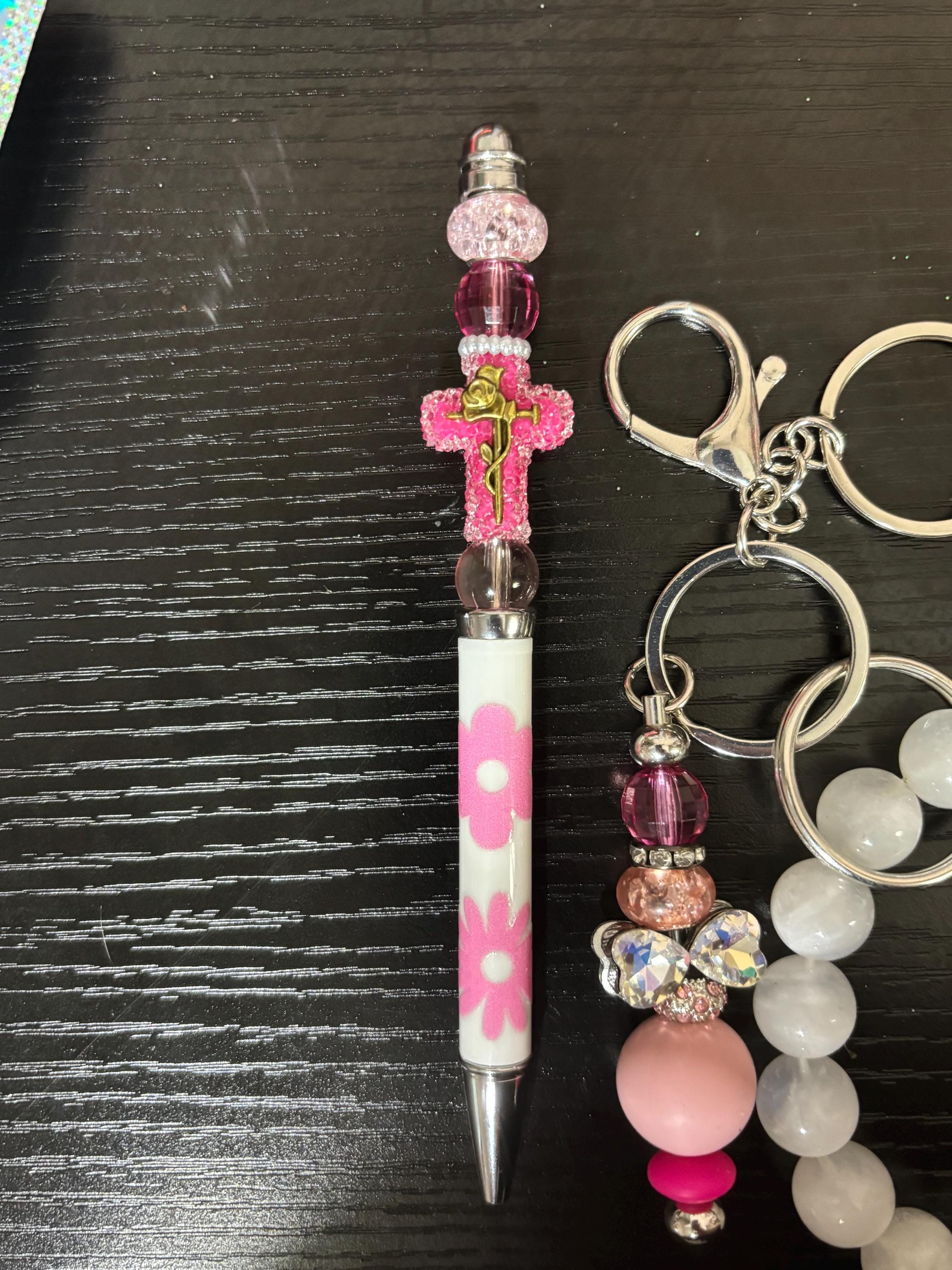 Christian Beaded Pen and Bracelet Keychain Set with Gemstone Cross Accessory
